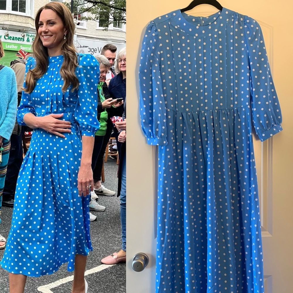Kate Middleton/Princess Catherine Style Baby Blue Polka Dot Dress